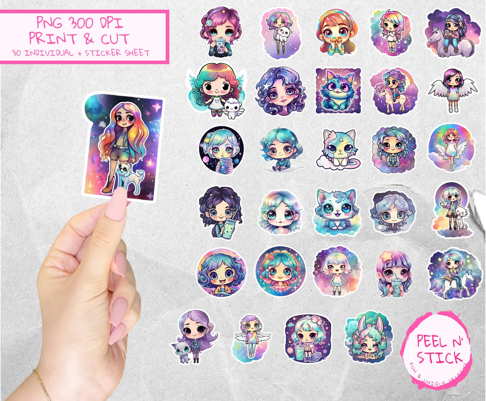 Cute Kawaii Girl Sticker, Chibi Sticker Sheet Template, Animals Sticker ...