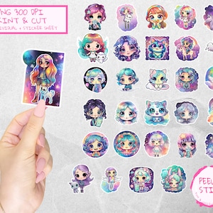 Naklejka Cute Kawaii Girl, Szablon arkusza naklejek Chibi, Naklejka Animals, Naklejka Cat, Pakiet Plików do Wydrukowania, Plik PNG/JPF, Naklejka Cyfrowa