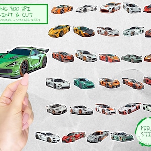 Autocollant de voiture de sport, modèle de feuille de voiture de luxe, Clipart de voiture de course, véhicule Scrapbooking Bundle fichier imprimable, fichier PNG/JPF, autocollant numérique