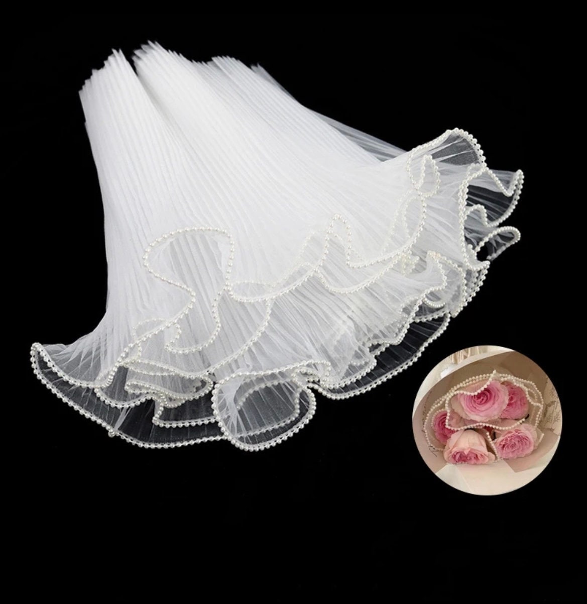 Korean Style Pearl Wave Yarn Flower Wrapping Paper Bouquet Material Floral  Pleated Lace Wrapped Flower Mesh Rose Gauze