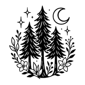 以下が含まれることがあります： 3本の松の木、三日月、星、花の要素を描いた白黒イラスト。木、月、星の精巧なシルエットが特徴で、葉や花に囲まれ、自然をテーマにしたグラフィックを作成しています。