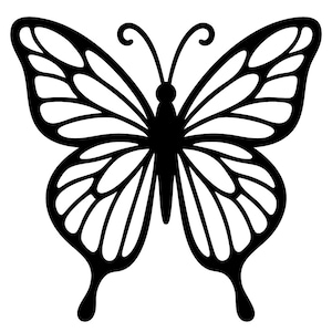 May include: A symmetrical black butterfly silhouette with detailed wing patterns. The butterfly has curved antennae and a segmented body. The wings are open, showcasing intricate vein-like designs, perfect for crafts or decor.