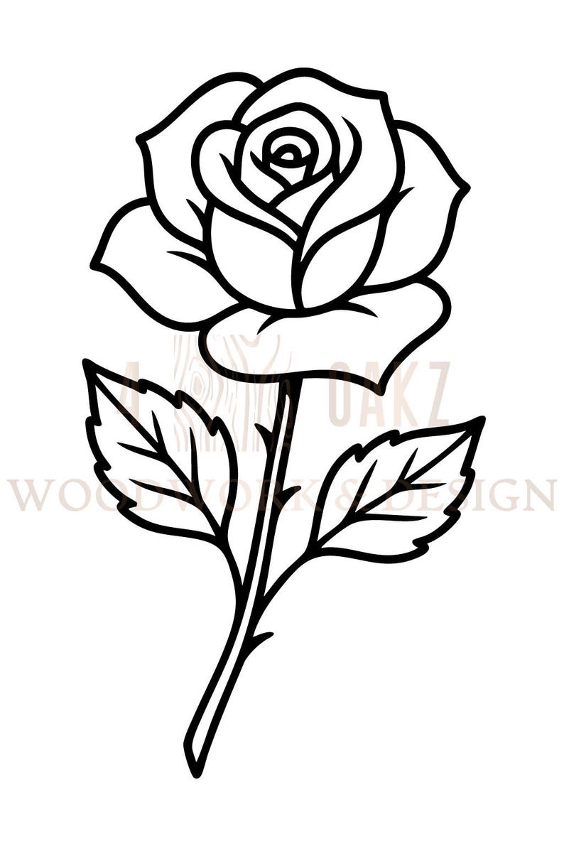 Pu&ograve; includere: Illustrazione in bianco e nero di una rosa. La rosa &egrave; in piena fioritura, con petali e foglie dettagliati. Lo stelo ha spine e due foglie. Il design &egrave; semplice ed elegante.
