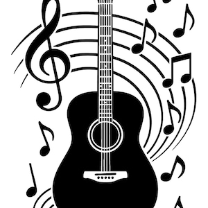 May include: Black and white illustration of an acoustic guitar with musical notes and a treble clef. The guitar is centered, with musical notes and curved lines surrounding it, creating a musical theme.