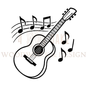 May include: Black and white illustration of an acoustic guitar with musical notes. The guitar is depicted with strings, a sound hole, and a headstock. Musical notes are scattered around the guitar, suggesting a musical theme.