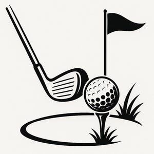 Könnte beinhalten: Schwarz-weiß-Illustration eines Golfschlägers, eines Golfballs und einer Fahne auf einem Golfplatz.