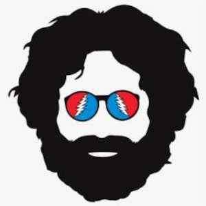 May include: Silhouette of a bearded face with curly hair and sunglasses. The sunglasses have red and blue lenses, each featuring a lightning bolt design. The image is a graphic illustration, likely for a t-shirt or sticker.