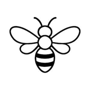 May include: A black and white line drawing of a bee. The bee has a rounded body with black and white stripes, two sets of wings, and antennae. The image is a simple, graphic illustration.
