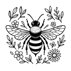 May include: A black and white illustration of a bee, encircled by leaves and flowers. The bee features a striped abdomen and detailed wings. The design is circular, with floral elements framing the bee.