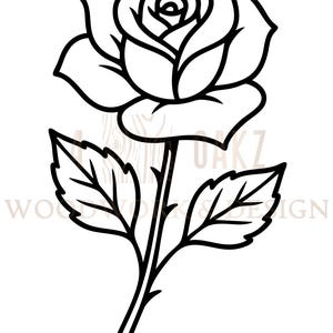 May include: A black and white line drawing of a rose. The rose is in full bloom, with detailed petals and leaves. The stem has thorns and two leaves. The design is simple and elegant.