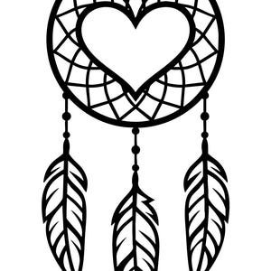 May include: Black and white dreamcatcher design featuring a heart shape in the center. The dreamcatcher has a circular frame with a web-like pattern and three hanging feathers. A decorative piece for home decor.