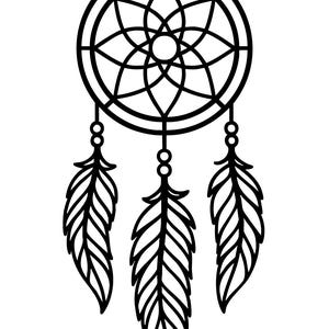 May include: A black and white illustration of a dreamcatcher. The circular frame has an intricate web design with a central floral pattern. Three stylized feathers hang below. The design is simple and elegant, suitable for various applications.