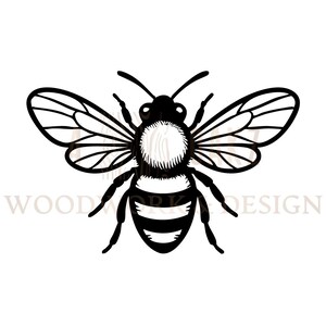 May include: Black and white bee illustration with detailed wings and striped abdomen. The bee is centered on a white background. The text "WOODWORK DESIGN" is at the bottom of the image.