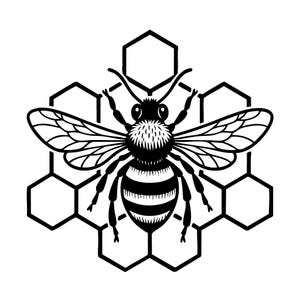 May include: A black and white illustration of a bee, featuring detailed wings and body stripes. The bee is positioned over a honeycomb pattern, forming a graphic design. The image is in a clean, minimalist style.