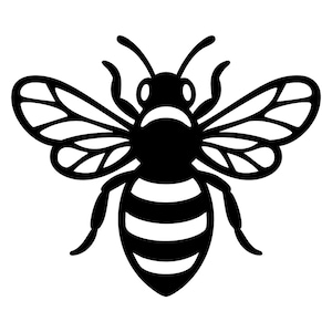 Könnte beinhalten: Schwarz-Weiß-Illustration einer Biene. Die Biene ist im Silhouette-Stil dargestellt, mit detaillierten Flügeln und einem gestreiften Hinterleib. Das Bild ist eine grafische Darstellung einer Biene.