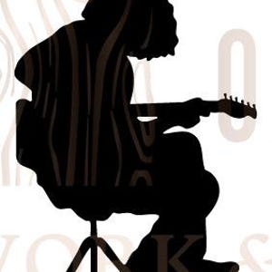 May include: Silhouette of a person playing a guitar while seated on a stool. The figure is black with a wood grain pattern, set against a white background. The guitar player is facing downward, with the guitar in their lap.