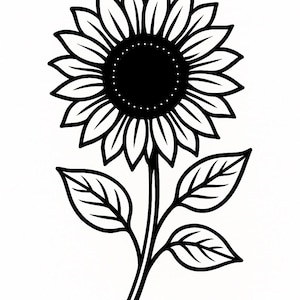 Può includere: Un disegno in bianco e nero di un girasole con un unico stelo e due foglie.