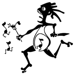 May include: A black and white illustration of a running figure with a musical note design on its torso. The figure is holding a fork-like object and is being chased by musical notes. The image has a cartoonish style.