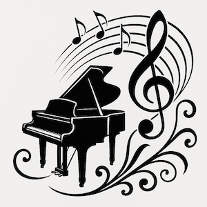 Puede incluir: Una ilustración en blanco y negro de un piano de cola con notas musicales y una clave de sol. El piano está rodeado de espirales decorativos.