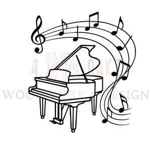 Peut inclure: Un dessin au trait noir et blanc d'un piano à queue avec des notes de musique et une clé de sol. Le piano est représenté avec ses touches, ses pieds et son couvercle ouvert, avec des notes de musique qui flottent au-dessus. Idéal pour la décoration sur le thème de la musique.