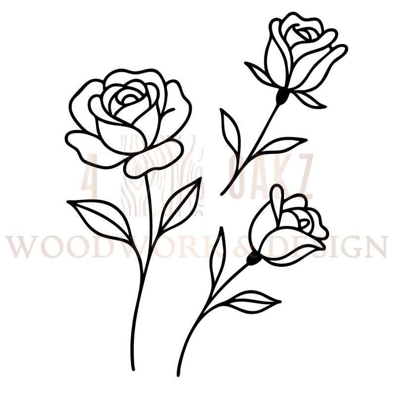 Op de afbeelding: Zwarte lijntekening van drie rozen met stelen en bladeren. De rozen staan in verschillende bloeistadia, met gedetailleerde bloemblaadjes en delicate lijnen. De afbeelding heeft de tekst "4 JAK7 WOODWORKS DESIGN".