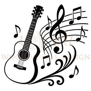 Guitar with Music Notes SVG: Black & White Line Art (Digital Download)