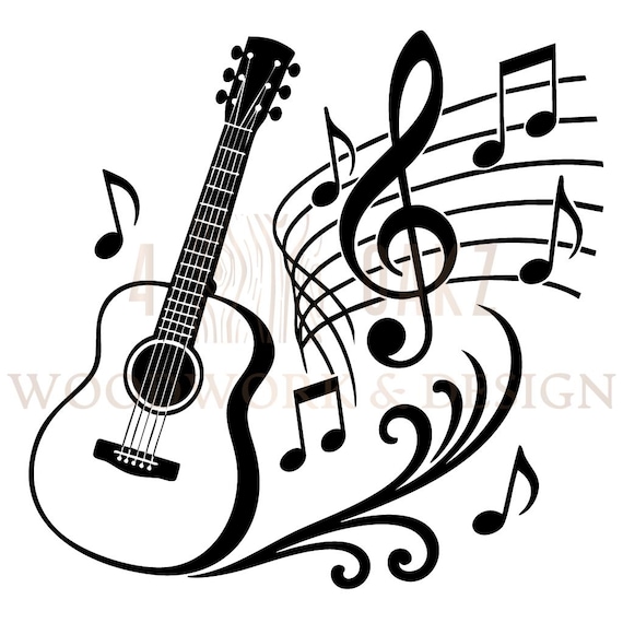 Guitar With Music Notes SVG: Black & White Line Art (digital