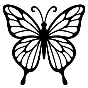 May include: A symmetrical black butterfly silhouette with detailed wing patterns. The butterfly has a slender body, curved antennae, and rounded wing tips. The design is suitable for crafts, decor, or graphic design projects.