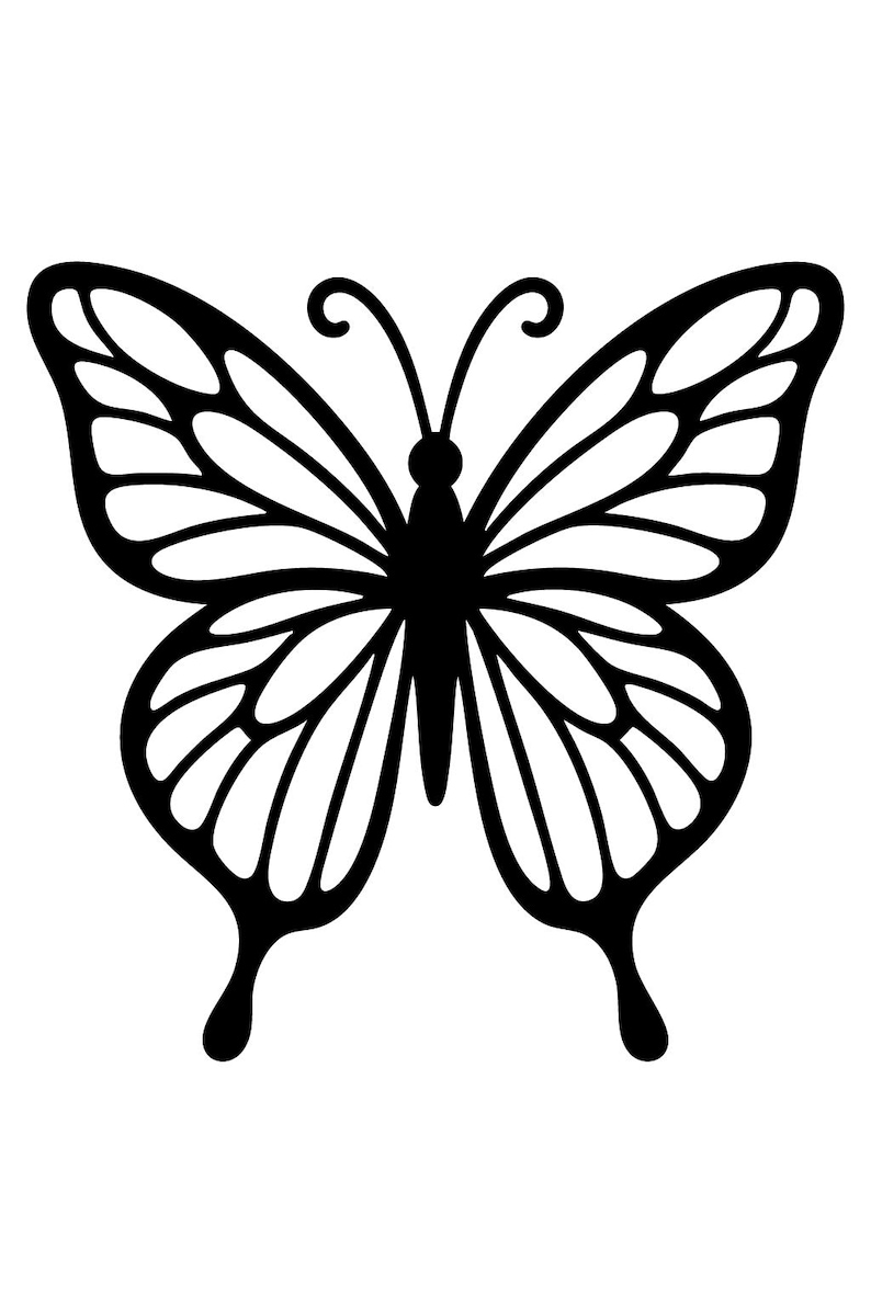 May include: A symmetrical black butterfly silhouette with detailed wing patterns. The butterfly has a slender body, curved antennae, and rounded wing tips. The design is suitable for crafts, decor, or graphic design projects.