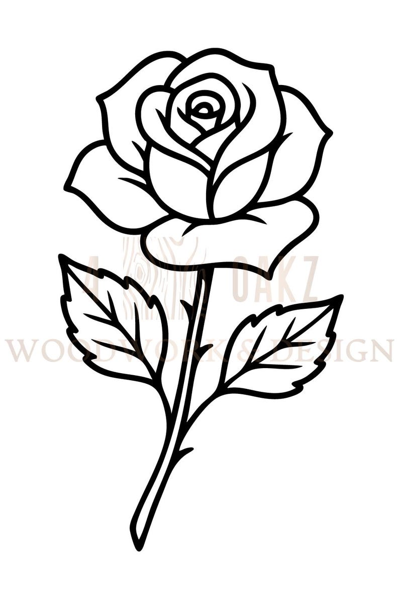 Pu&ograve; includere: Illustrazione in bianco e nero di una rosa. La rosa &egrave; in piena fioritura, con petali dettagliati, stelo e foglie. Adatto a vari progetti creativi e decorativi.