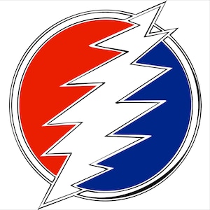 Może przedstawiać: Okrągła grafika z czerwonym i niebieskim tłem oraz białym wzorem błyskawicy. Projekt jest obrysowany na czarno na białym tle. Obraz jest stylizowanym emblematem.