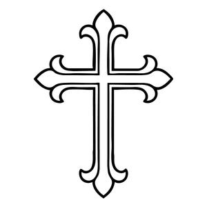 Peut inclure: Un dessin au trait noir et blanc d'une croix chrétienne. La croix présente des extrémités ornées et stylisées et un contour épais, sur un fond blanc uni. Le design est symétrique et détaillé.