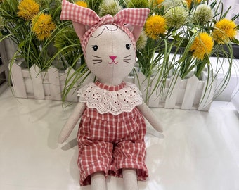 Handmade Cat Doll With Romper - Linen Toy 15,8 inches 40cm, Handmade Natural Linen Fabric Stuffed Animal Toy Kid
