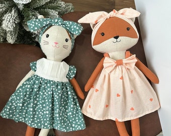 Handmade Sewing Doll -  Handmade Cat Doll And Handmade Fox Doll With Dress - Linen Toy 15,8 inches 40cm / Soft Doll Nature Linen Fabric