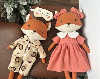 Stuffed animal the fox doll with dress, heirloom baby doll, handmade toy, gift for baby, Safe materials for babies / doll clothers