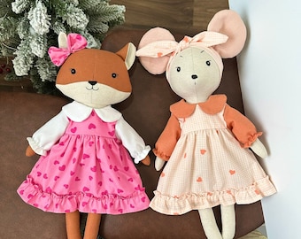 Handmade Natural Linen And Cotton Fabric Stuffed Animal Toy Kid - Handmade Fox Doll And Mouse Doll, Valentine's day gift