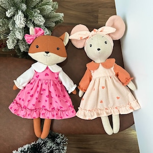 Handmade Natural Linen And Cotton Fabric Stuffed Animal Toy Kid - Handmade Fox Doll And Mouse Doll, Valentine&#39;s day gift