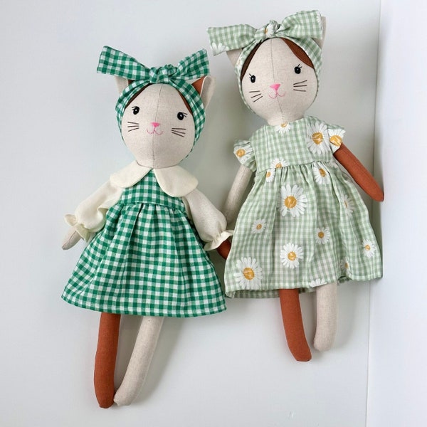 Handmade stuffed animals for kids -  Handmade cat doll with dress - 15,8 inches / Handmade natural fabric doll , doll clothes
