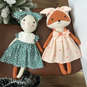 Bambola da cucire fatta a mano - Bambola gatto fatta a mano e bambola volpe fatta a mano con vestito - Giocattolo in lino 15,8 pollici 40 cm / Bambola morbida in tessuto di lino naturale