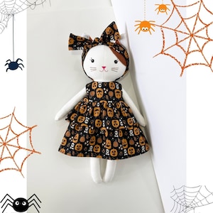 Handcrafted Cat doll with Halloween Outfits - 15,8 inches,  Stuffed animal handmade, linen doll
