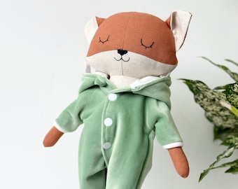 Handmade fox doll with jumpsuit / Handmade natural linen fabric stuffed animal toy for kid / Great gifts, heirloom doll