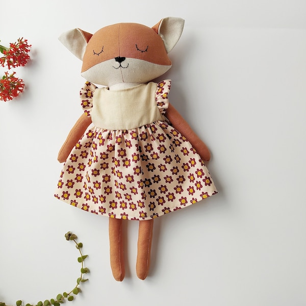 GIFT TURBAN - Handmade the fox doll with floral dress -15,8 inches / handmade toy, gift for baby,Safe materials for babies