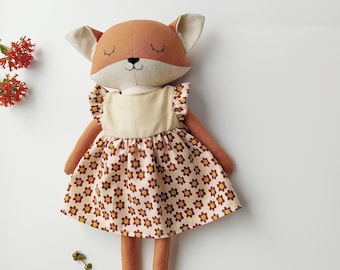 GIFT TURBAN - Handmade the fox doll with floral dress -15,8 inches / handmade toy, gift for baby,Safe materials for babies