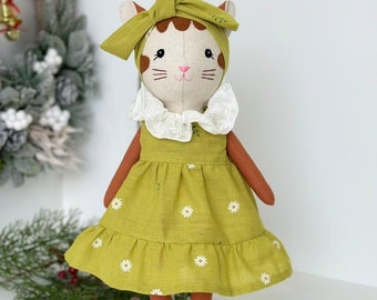 BEST PRICE -  Handmade heirloom the cat doll with flower dress - 15,8 inches / Gift for kids / doll clothers