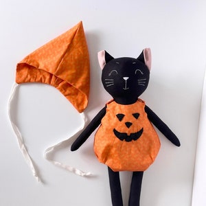 Size 40cm - Handmade Halloween Black Cat Doll With Pumpkin Outfits - Halloween Gifts, Halloween Decoration Doll, Handmade Halloween Doll