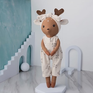 Handmade Sewing Doll -  Handmade Deer Doll With Overalls - Linen Toy 15,8 inches 40cm / Soft Doll Nature Linen Fabric