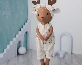 Handmade Sewing Doll -  Handmade Deer Doll With Overalls - Linen Toy 15,8 inches 40cm / Soft Doll Nature Linen Fabric