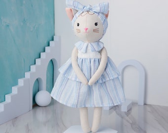 Handmade Cat Doll With Blue Dress - Linen Toy 15,8 inches 40cm, Handmade Natural Linen Fabric Stuffed Animal Toy Kid