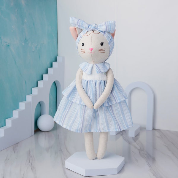 Handmade Cat Doll With Blue Dress - Linen Toy 15,8 inches 40cm, Handmade Natural Linen Fabric Stuffed Animal Toy Kid