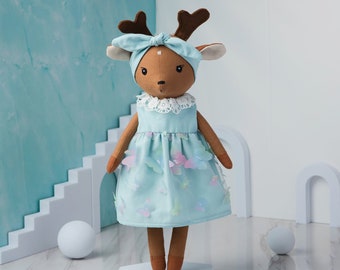 Stuffed animal the deer doll with dress, heirloom baby doll, handmade toy, gift for baby, Safe materials for babies